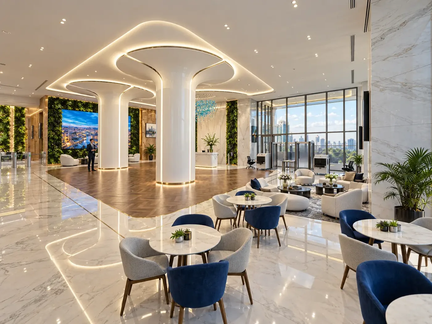 The lobby lounge — marble floor and low seating under the sculpted light canopy, living walls and the city beyond.