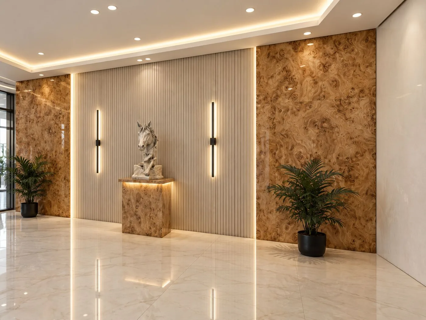 The Pegasus horse sculpture on its lit plinth in the lobby, burl-wood panelling and planting either side.