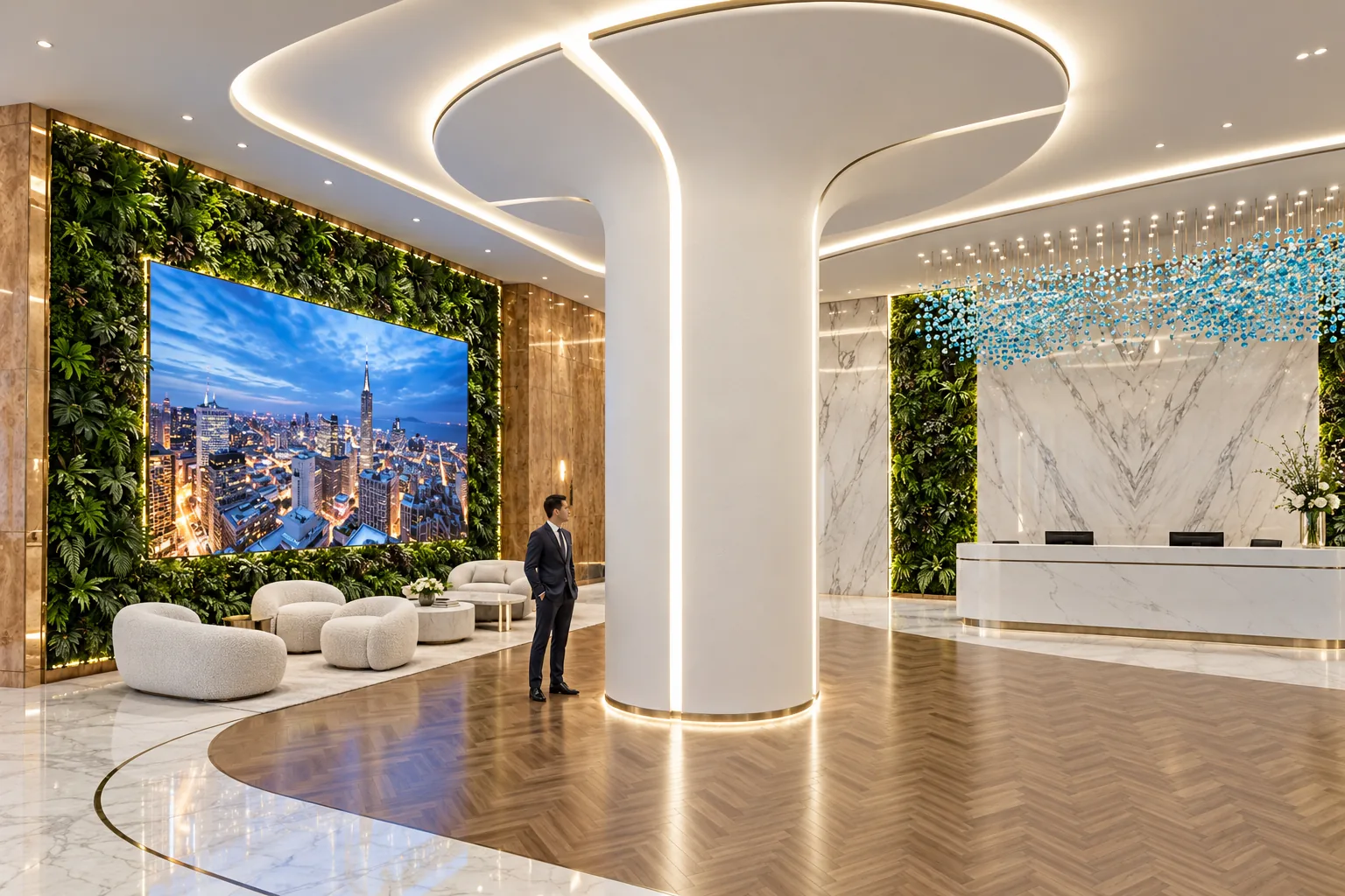 The double-height reception — a sculptural column over a living wall, marble desk and a lit city screen.