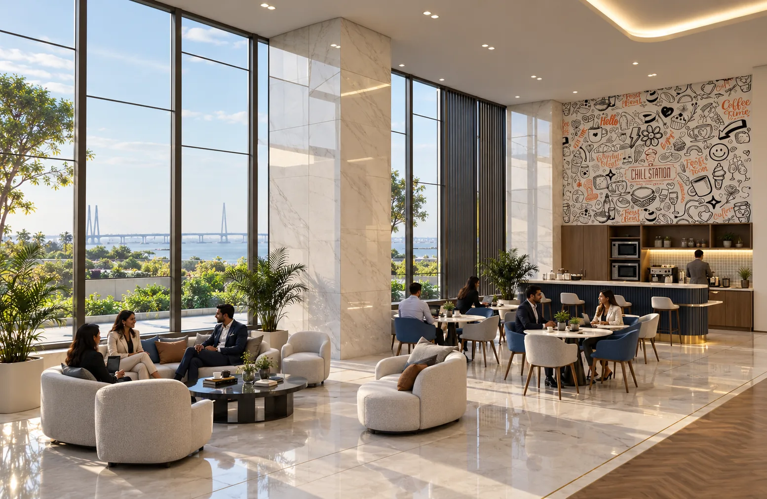 A sunlit floor by the bay — seating and meeting tables along full-height glazing onto the Sea Link.