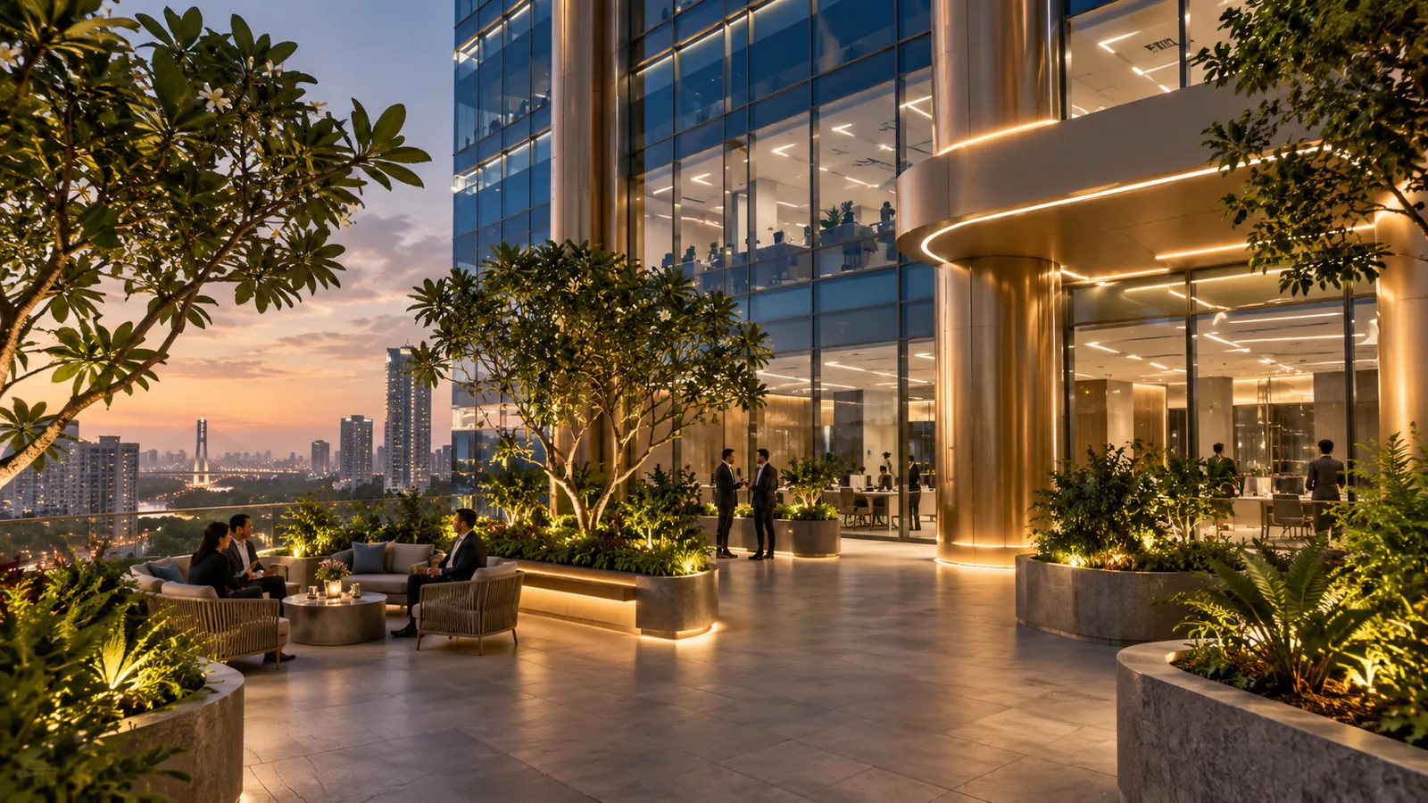 The terrace garden at twilight &mdash; planting and seating under warm light, the skyline beyond.