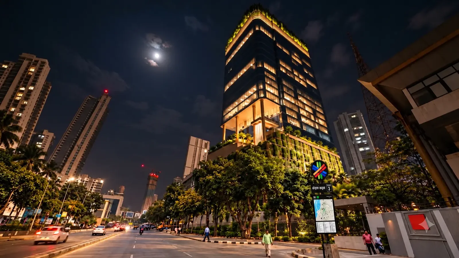 Pegasus at night from Dr. Annie Besant Road — the lit tower above its planted podium, the boulevard running past.