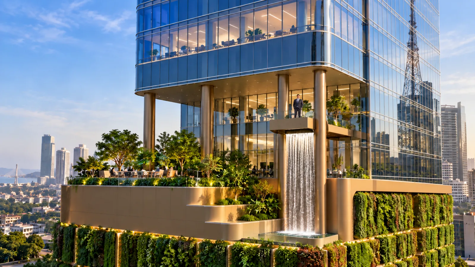 The four-metre waterfall falling past the viewing deck, the living wall wrapping the podium below it.