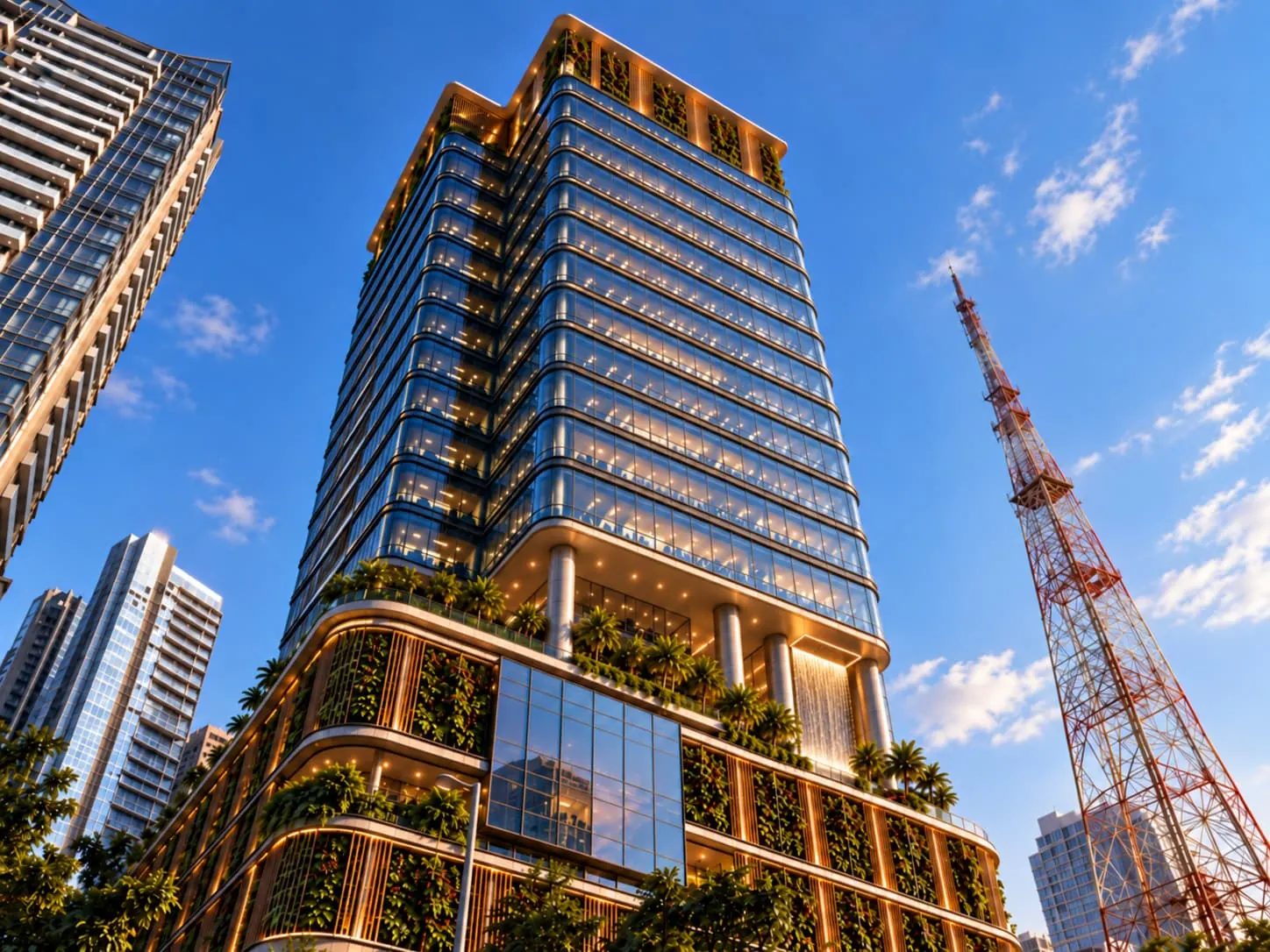 Pegasus at golden hour — the glass tower above its planted podium, the waterfall falling through it.