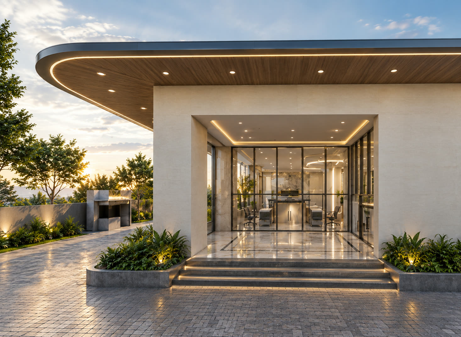 The arrival canopy at dusk — a curved timber soffit over the glazed entrance and planted forecourt.