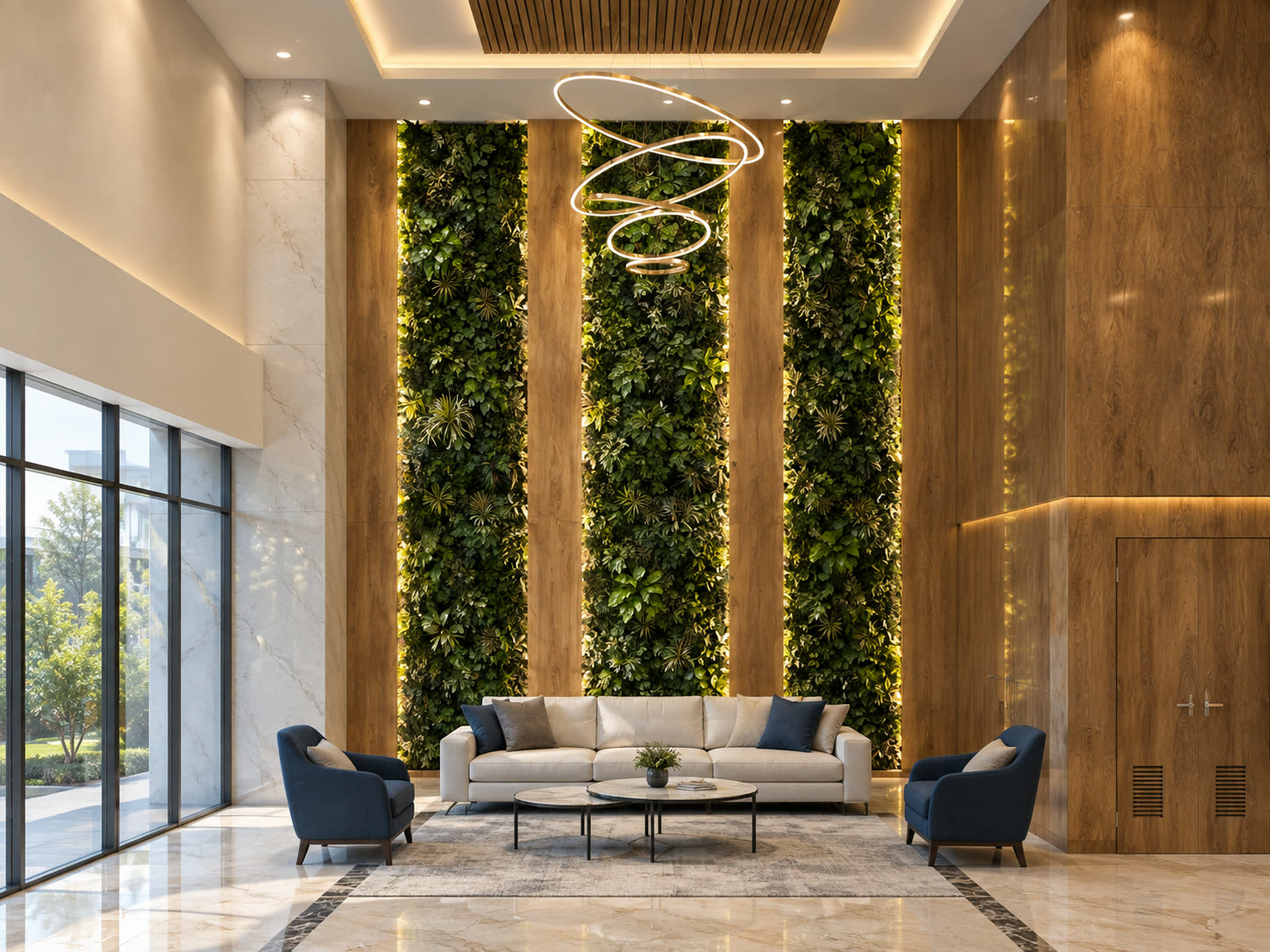 The double-height lounge — a living green wall between timber fins beneath a ring chandelier.