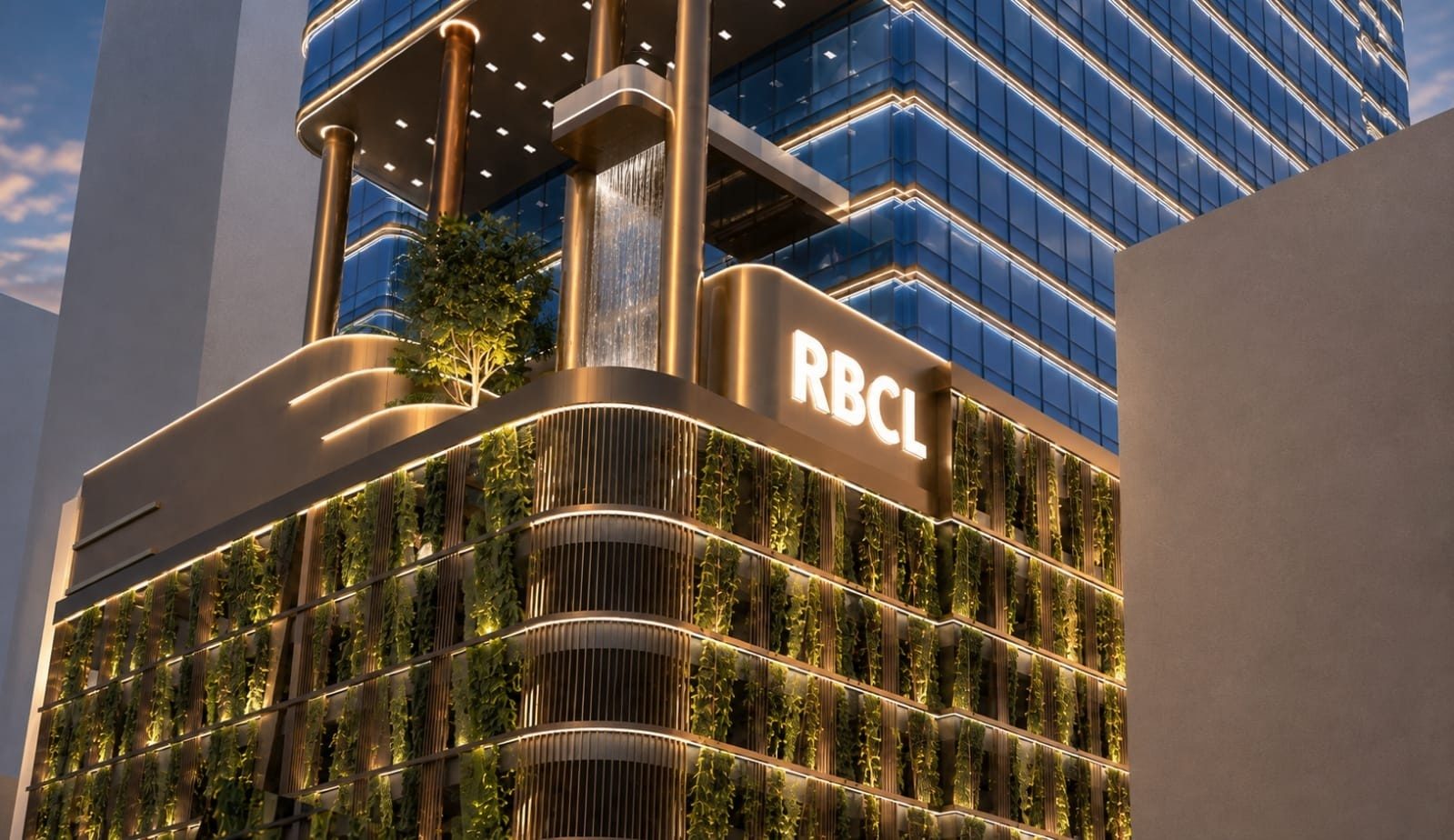 The Pegasus arrival court — bronze fins, vertical planting and the live waterfall.
