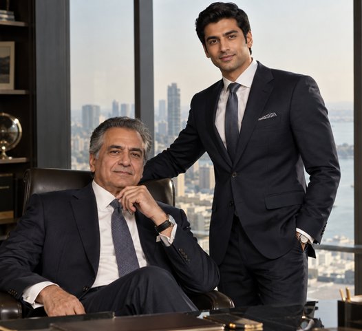 Mr. Shyam Ruia and Mr. Amay Ruia in the boardroom, the Mumbai skyline behind them.