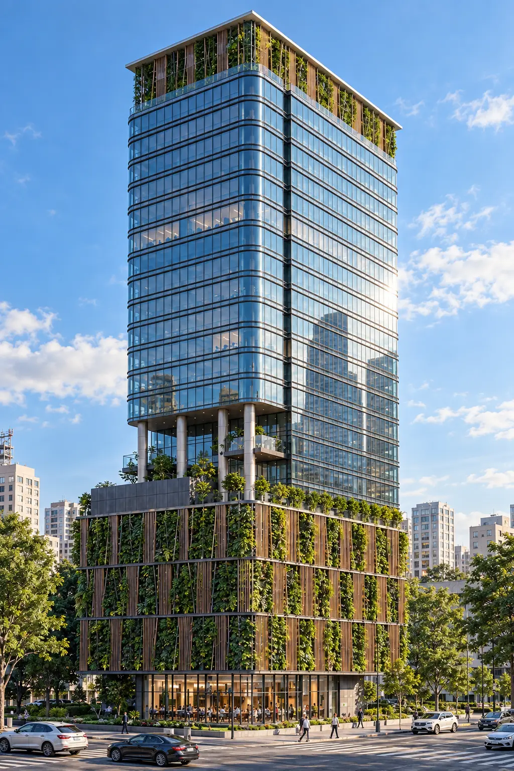Pegasus Worli from the street — the glass tower above its planted podium at the intersection.